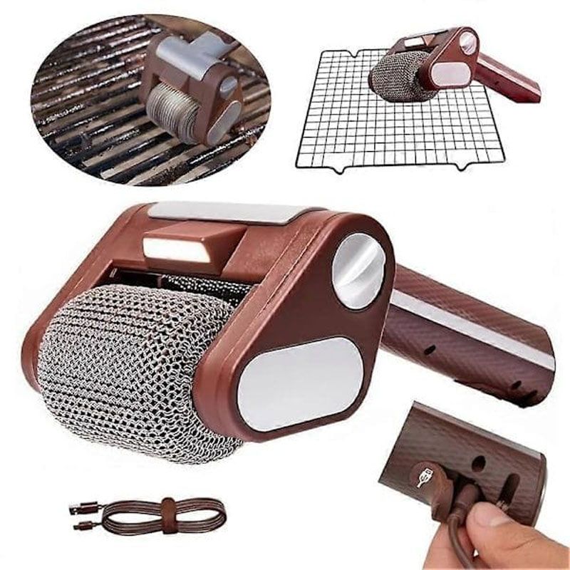 Bristle-Free Motorized BBQ Grill Brush, 350RPM Cordless Rechargeable Electric Grill Cleaner with LED Light, 304 Stainless Steel Roller, Dishwasher Safe (Brown)