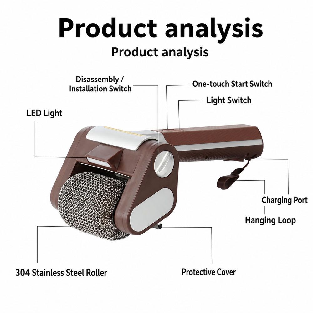Bristle-Free Motorized BBQ Grill Brush, 350RPM Cordless Rechargeable Electric Grill Cleaner with LED Light, 304 Stainless Steel Roller, Dishwasher Safe (Brown)