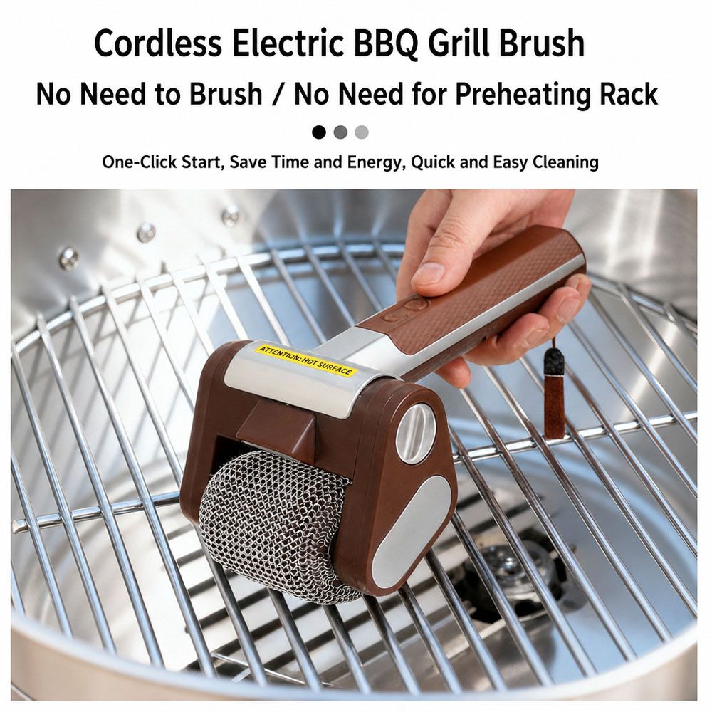 Bristle-Free Motorized BBQ Grill Brush, 350RPM Cordless Rechargeable Electric Grill Cleaner with LED Light, 304 Stainless Steel Roller, Dishwasher Safe (Brown)