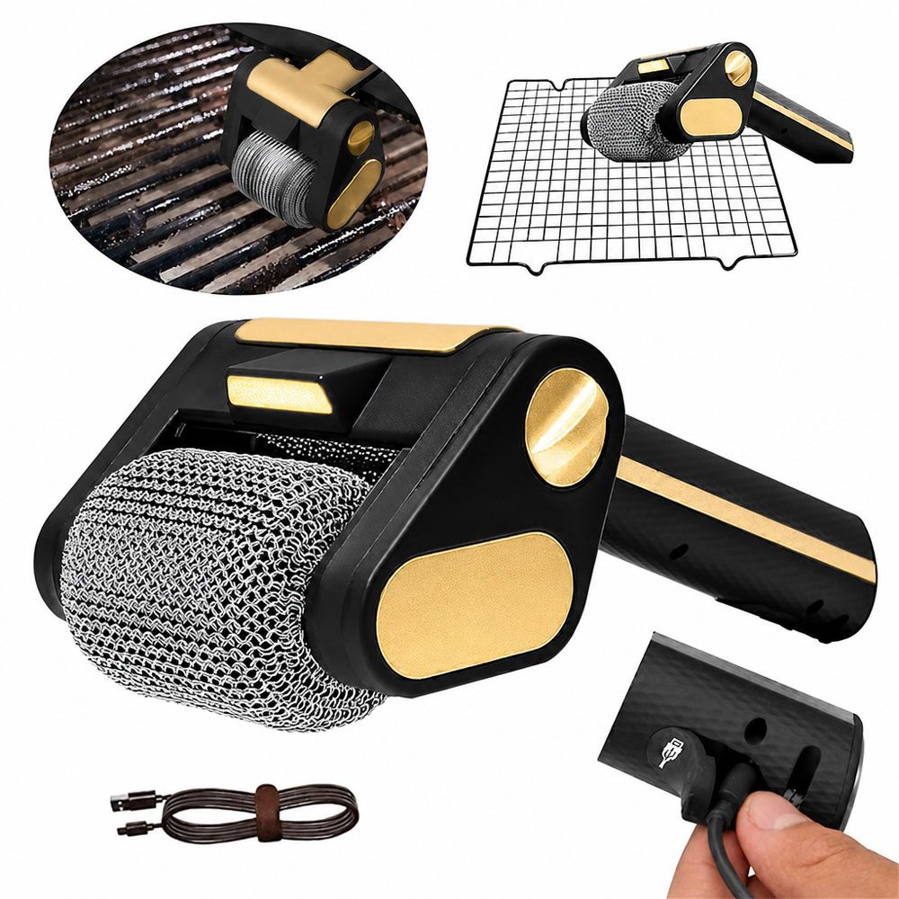 Bristle-Free Motorized BBQ Grill Brush, 350RPM Cordless Rechargeable Electric Grill Cleaner with LED Light, 304 Stainless Steel Roller, Dishwasher Safe (Black & Gold)