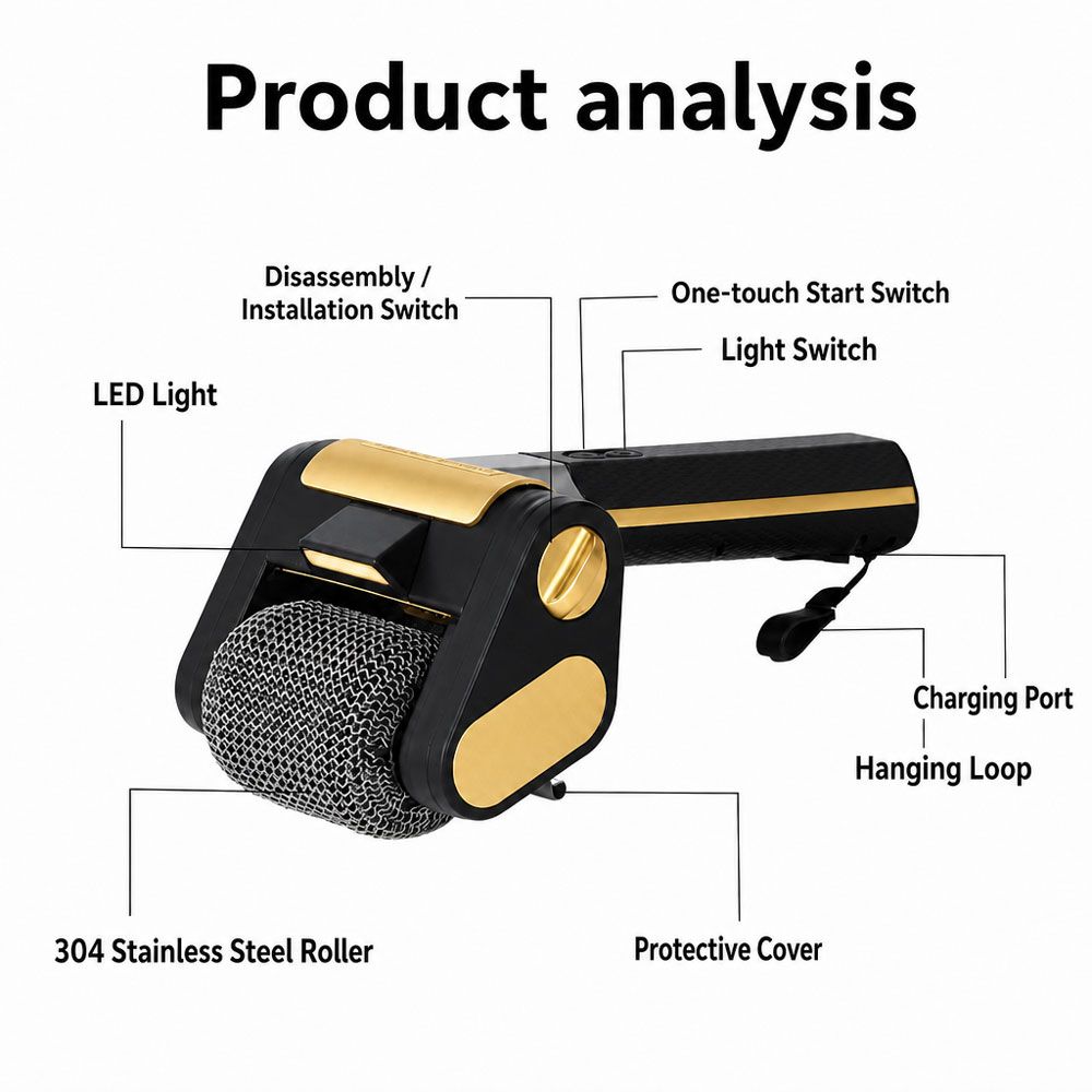 Bristle-Free Motorized BBQ Grill Brush, 350RPM Cordless Rechargeable Electric Grill Cleaner with LED Light, 304 Stainless Steel Roller, Dishwasher Safe (Black & Gold)