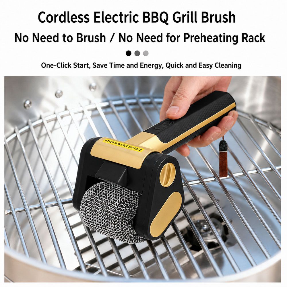 Bristle-Free Motorized BBQ Grill Brush, 350RPM Cordless Rechargeable Electric Grill Cleaner with LED Light, 304 Stainless Steel Roller, Dishwasher Safe (Black & Gold)
