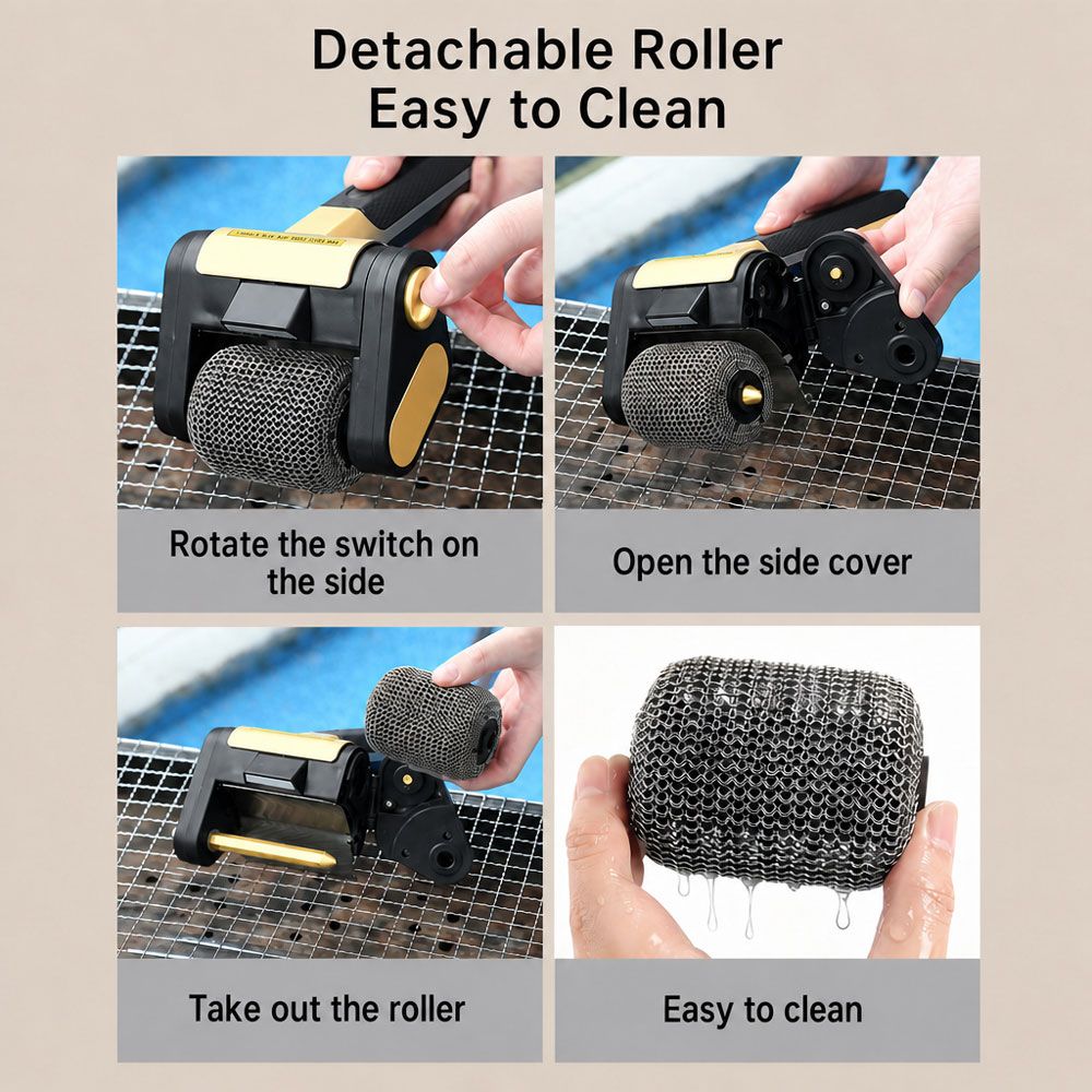 Bristle-Free Motorized BBQ Grill Brush, 350RPM Cordless Rechargeable Electric Grill Cleaner with LED Light, 304 Stainless Steel Roller, Dishwasher Safe (Black & Gold)