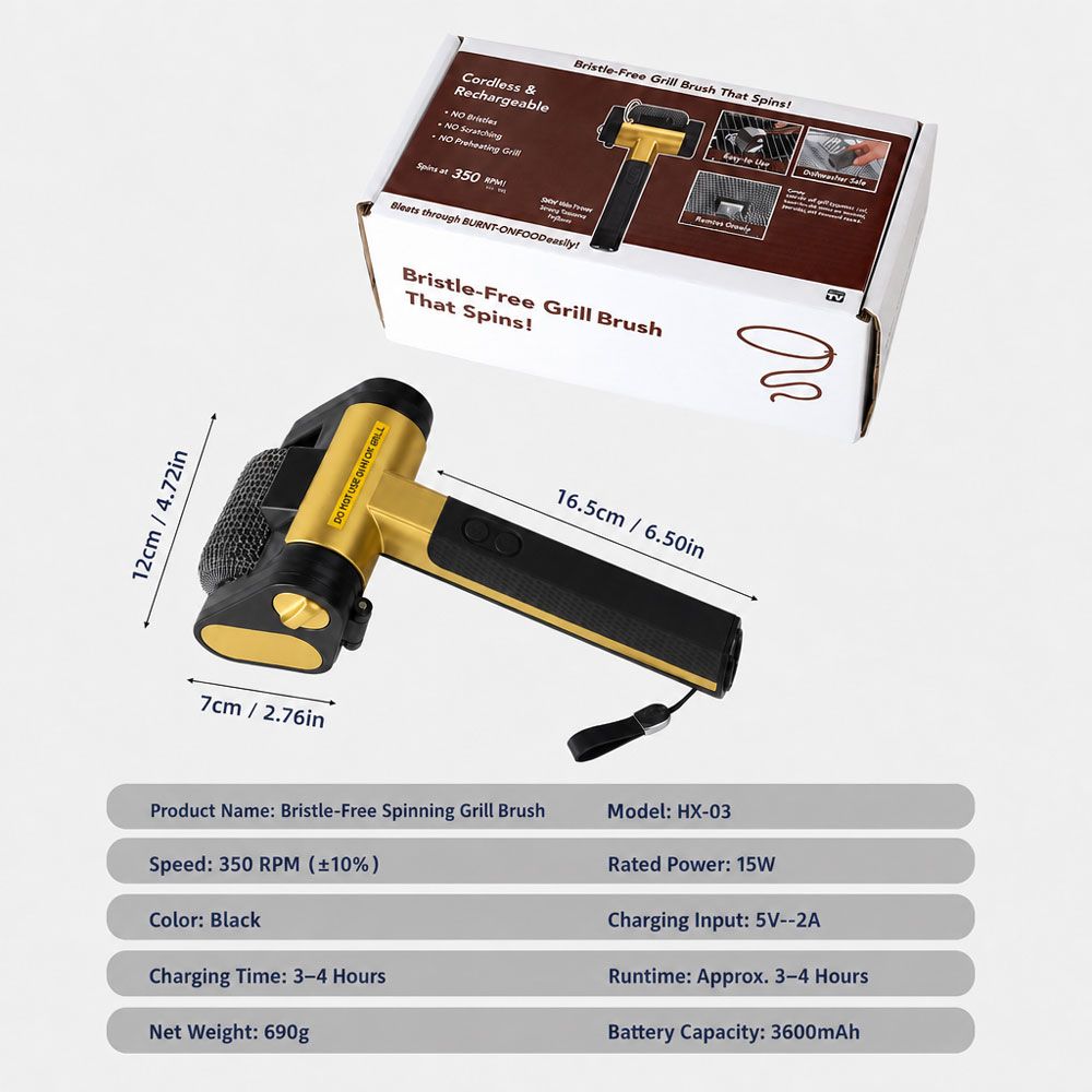 Bristle-Free Motorized BBQ Grill Brush, 350RPM Cordless Rechargeable Electric Grill Cleaner with LED Light, 304 Stainless Steel Roller, Dishwasher Safe (Black & Gold)