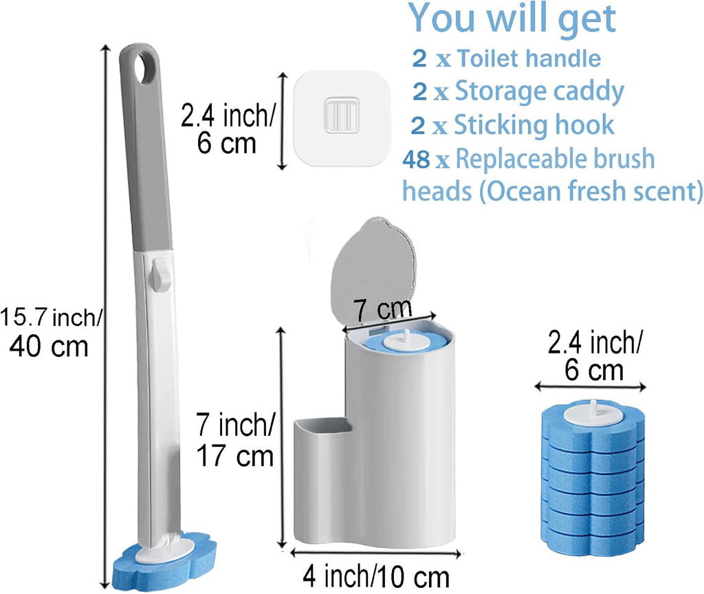 2 Pack Disposable Toilet Brush and Holder Set,Extended Handle with 48 Cleaner Refills Toilet Brush for Toilet Bowl Cleaners,Bathroom Cleaning,Sink, Bathtub, Floor - Blue (Ocean Fresh Scent)