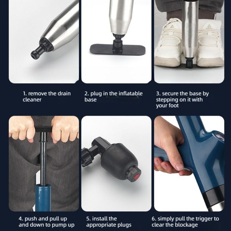 High-Pressure Air Pipe Dredger, Stainless Steel Toilet Plunger, Household Cleaner for Sinks, Floor Drains, and Toilets—Black