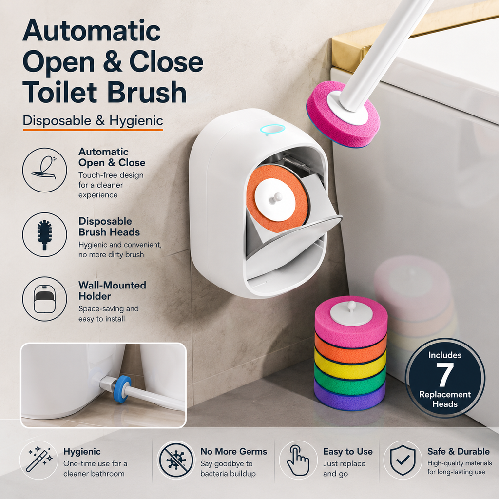 Automatic Flip-Open Disposable Toilet Brush Set with 7 Cleaning Refill Heads, Wall Mounted Storage, One-Button Hygienic Release, 360° Rotating Deep Cleaning, 51cm Long Handle Bathroom Toilet Cleaner